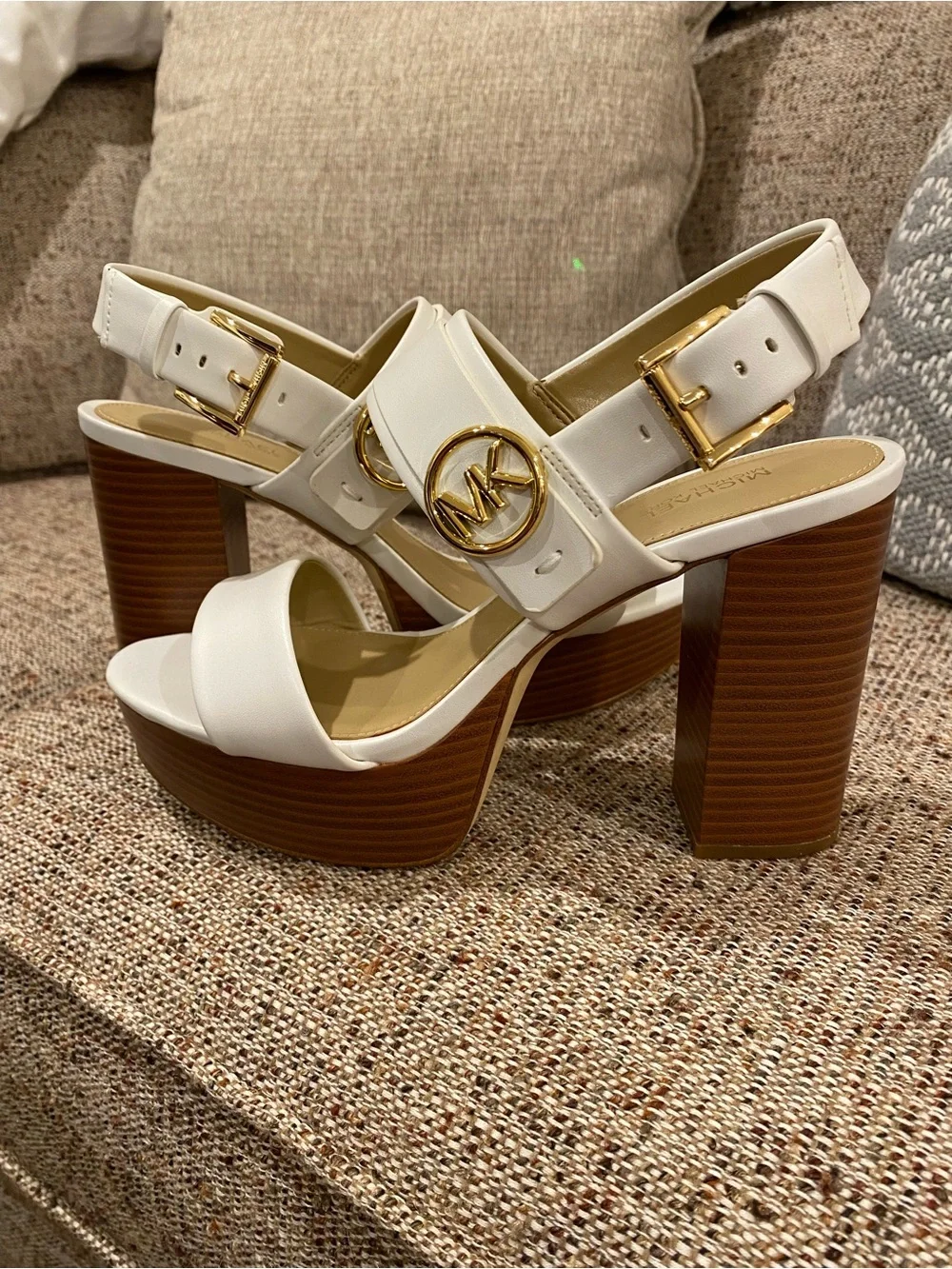 Michael Kors White Platform Block Heel Sandals with Brown Wood-Look Sole